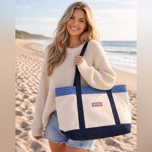 Vineyard Vines Canvas Tote Bag Crabs Seashells Cream Navy Blue Coastal Preppy